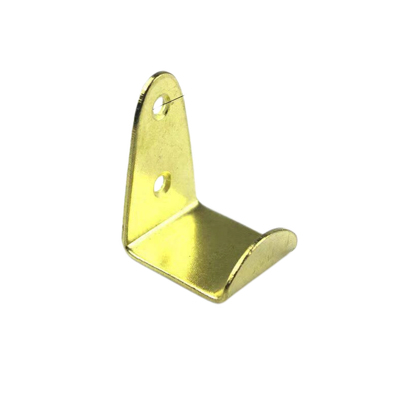 Gold Small Hook L-Bracket 40 mm tall 27 mm arm 27 mm base curved retaining lip 4 mm holes gold steel anti-slip